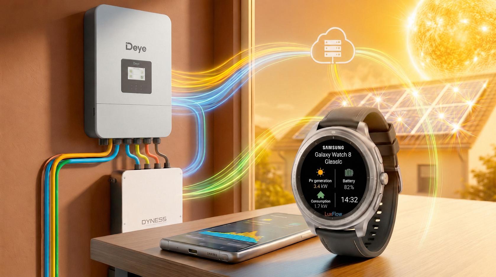 LuxFlow monitoring a Deye hybrid inverter and Dyness battery on an Android phone and Samsung Galaxy Watch