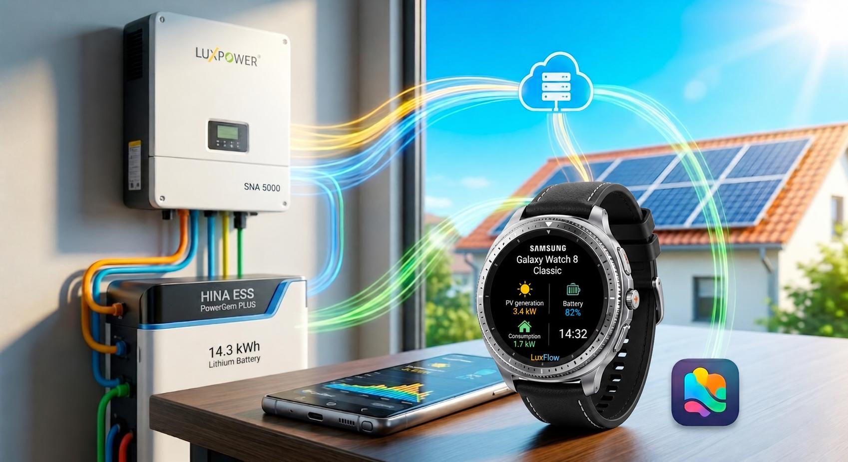 LuxFlow monitoring a Luxpower SNA 5000 inverter and Hina ESS battery on a phone and Wear OS smartwatch