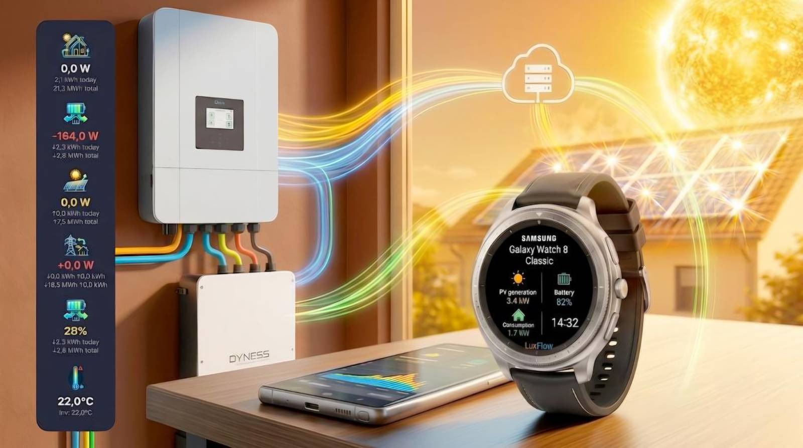 LuxFlow detailed solar dashboard on Wear OS showing PV, home load, grid, battery and inverter temperature