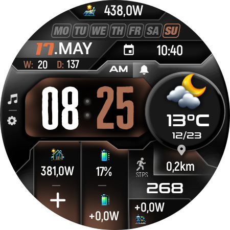 LuxFlow watch face with solar PV, battery and grid complications alongside weather and steps